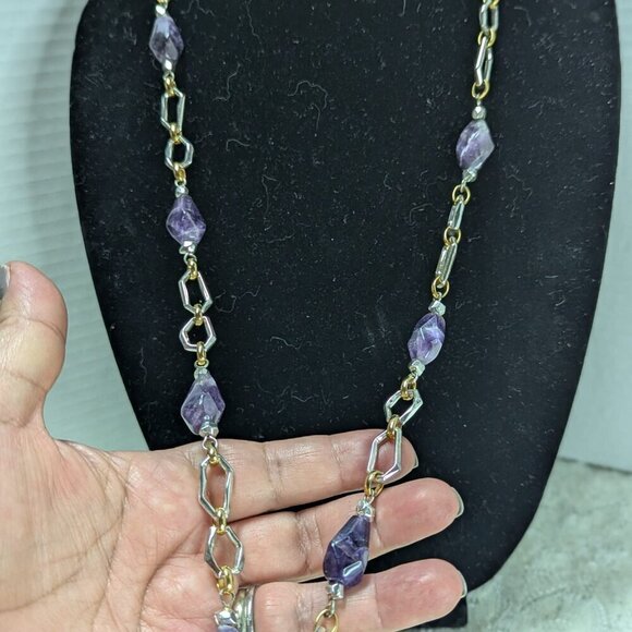 Vintage Estate Amethyst? Ametrine? Beaded Gold Tone Necklace Earrings Bracelet - Picture 3 of 10